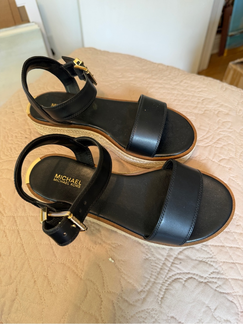 Michael Kors Black Leather Espadrille Platform Sandal with Gold Buckle - Picture 5 of 6